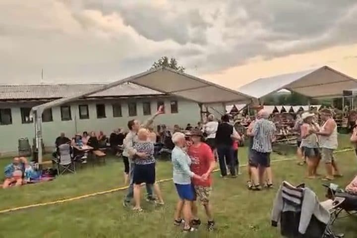 Tančící páry na trávníku za soumraku